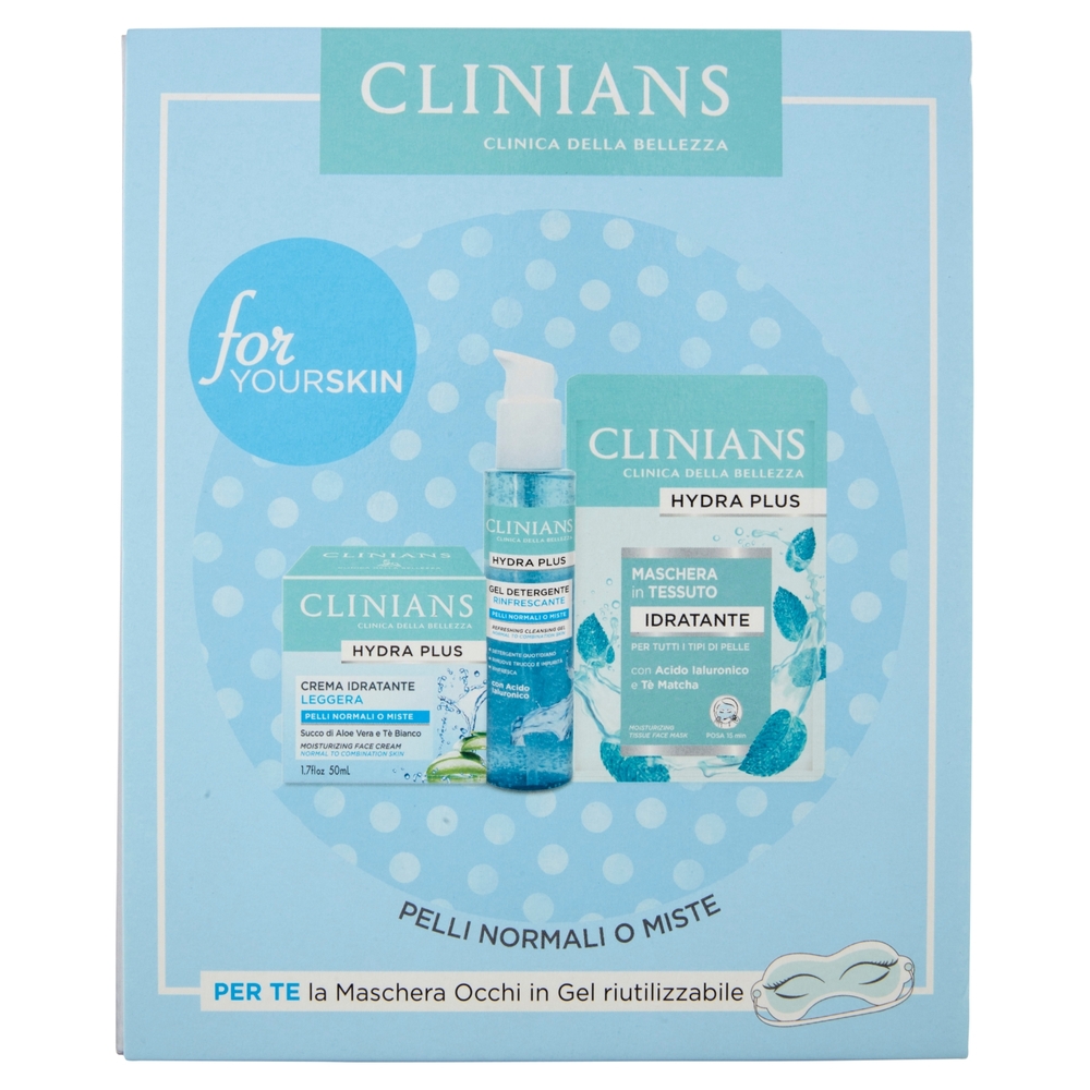Clinians Hydra Plus Crema Idratante Leggera + Gel Detergente Rinfrescante + Maschera in Tessuto